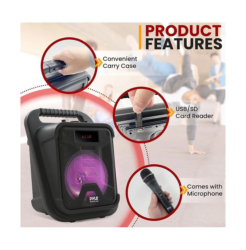 Pyle Portable Pa Speaker System with Led Lights, Wireless Microphone, Bluetooth, Fm Radio & Rechargeable Battery