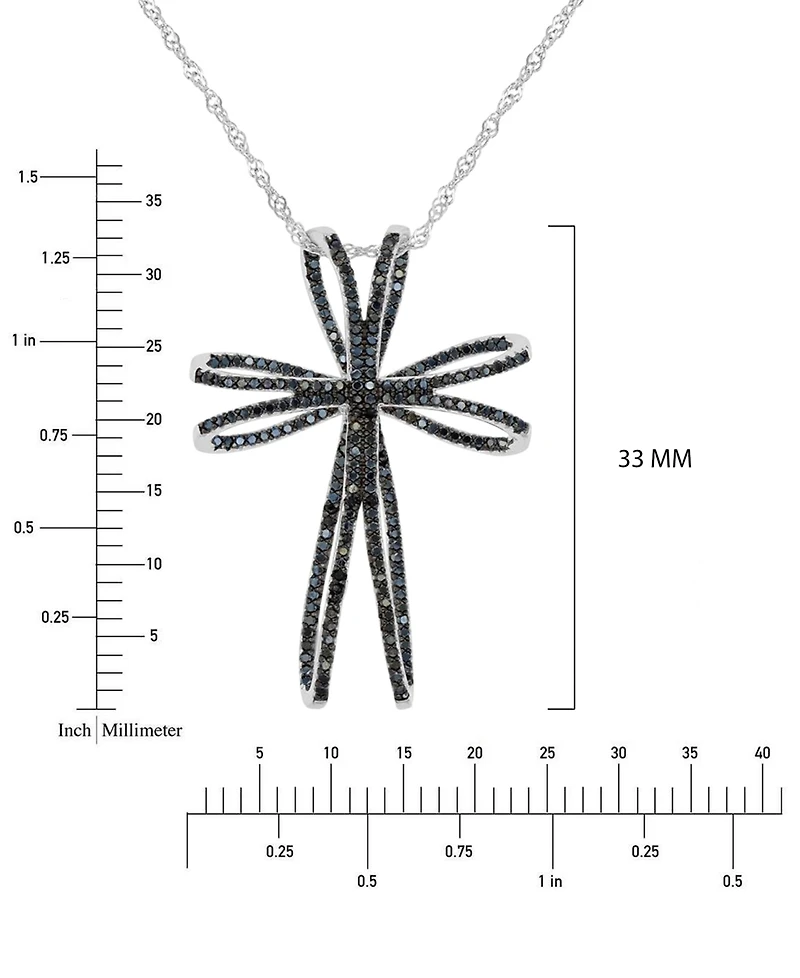 Macy's Black Spinel Double Openwork Cross Pendant Necklace in Sterling Silver