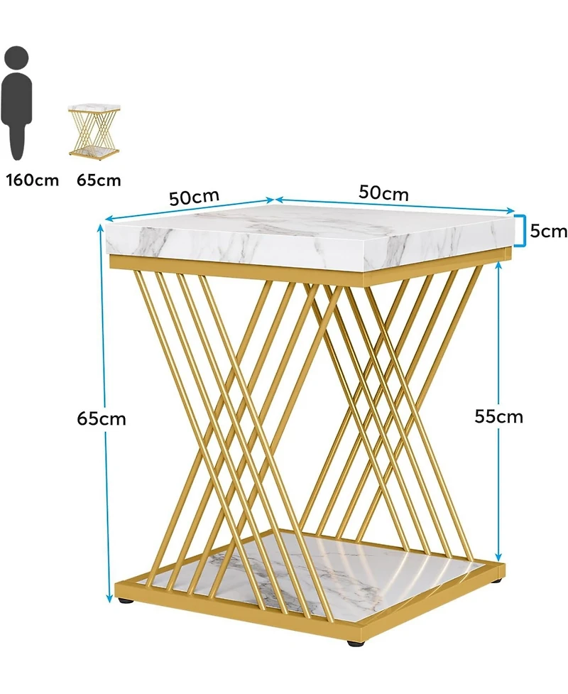 Tribesigns Set of 2 Square End Table, White Gold 2-Tier Side Table, Modern Small Bedside Table with Storage for Couch, Sofa Side Table with Stylish Me