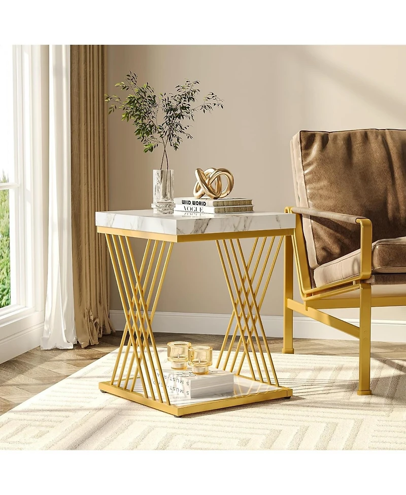 Tribesigns Set of 2 Square End Table, White Gold 2-Tier Side Table, Modern Small Bedside Table with Storage for Couch, Sofa Side Table with Stylish Me