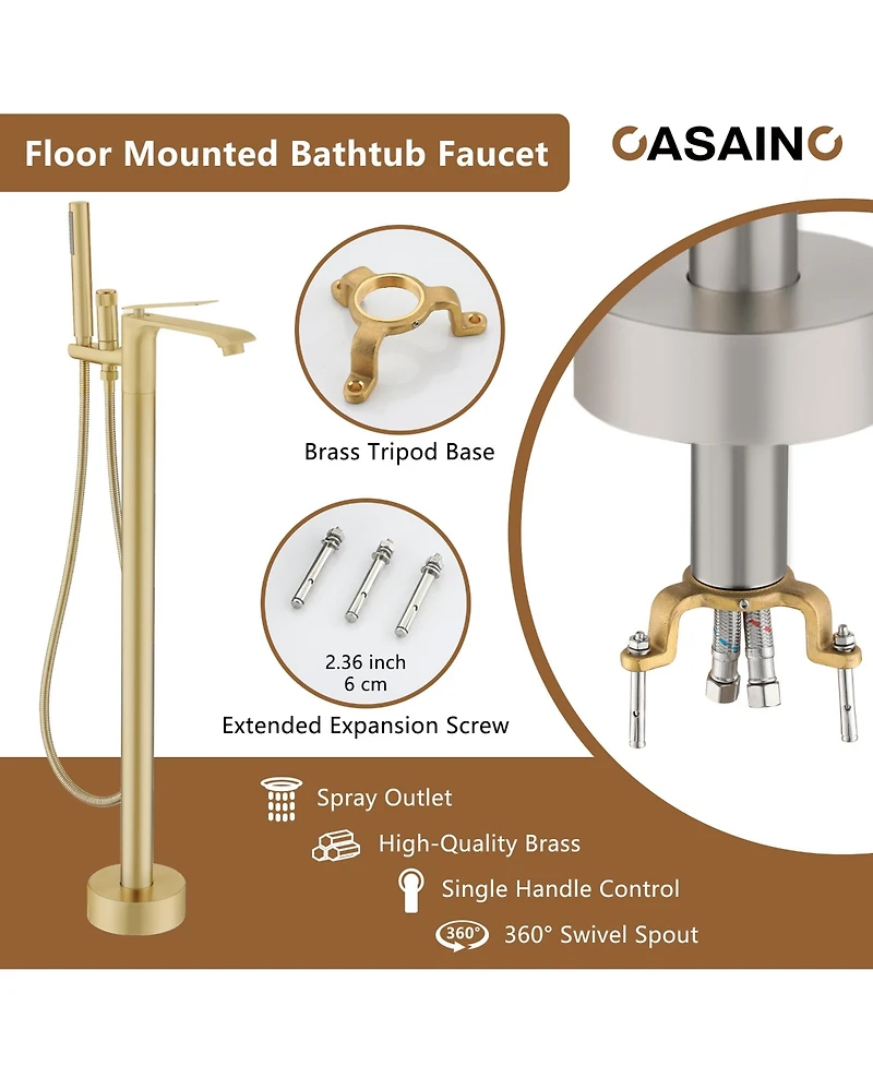 Casainc Freestanding Single Handle Floor Mounted Roman Tub Faucet Bathtub Filler with Hand Shower
