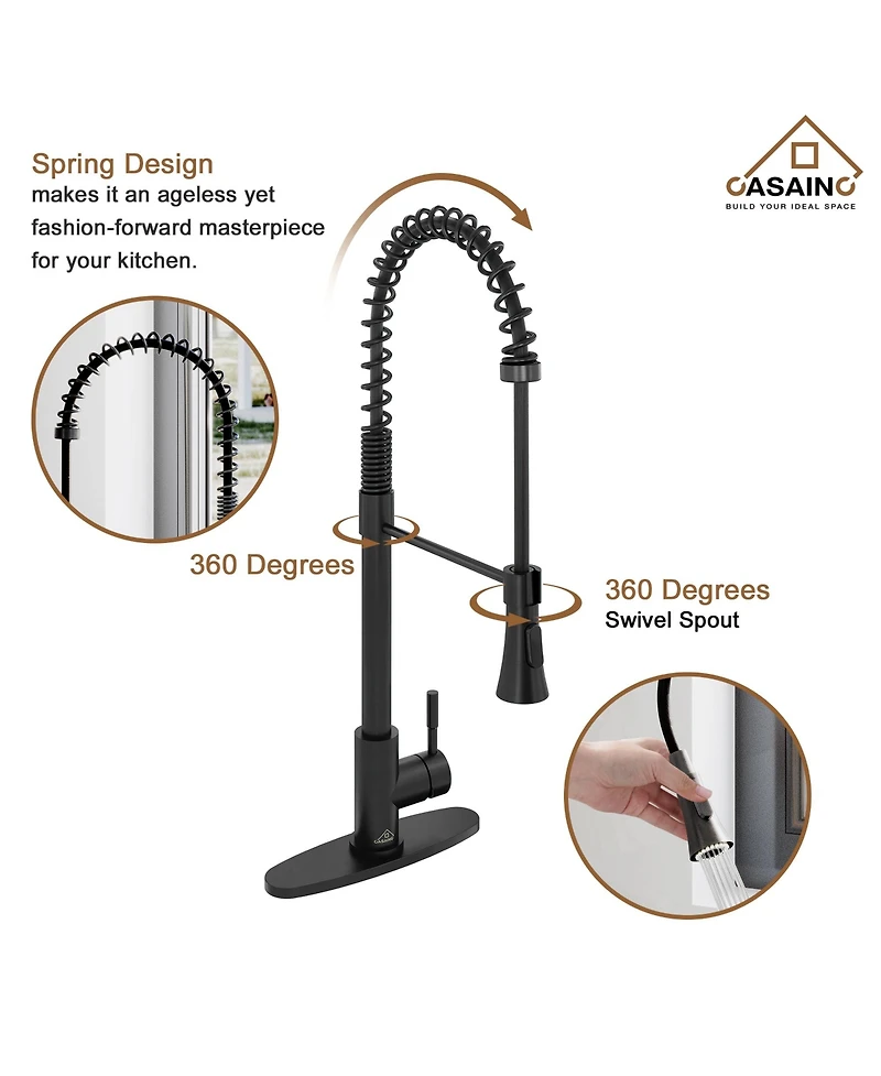 Casainc Spring Pull Down Sprayer Kitchen Faucet with Dual-Function Spray Head and Deck Plate