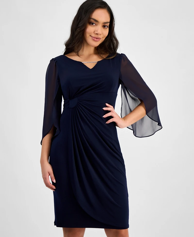 Connected Petite Chain-Detail Sheer-Sleeve Sheath Dress