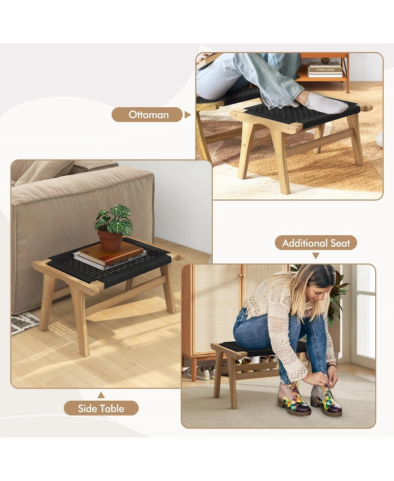 Gouun Indoor Outdoor Ottoman Footstool Teak Wooden Foot Rest with Handwoven Cordage