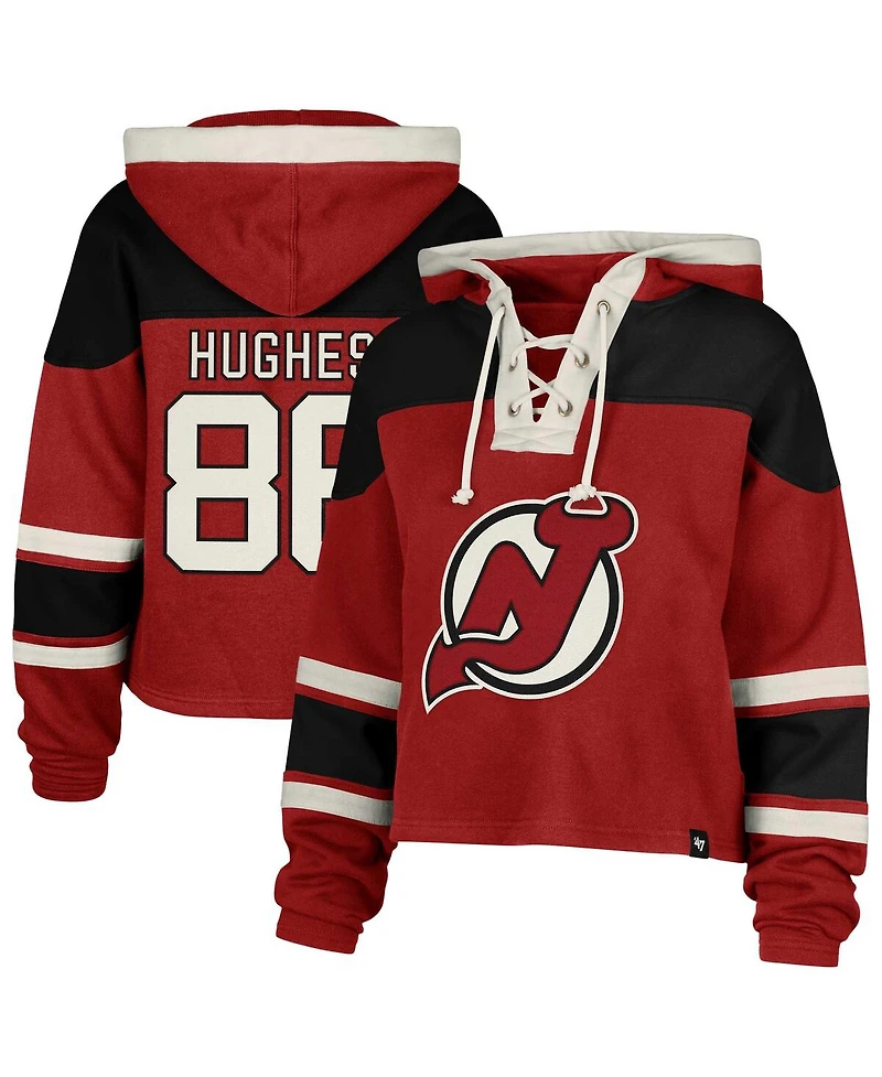 '47 Brand Women's Jack Hughes Red New Jersey Devils Superior Lacer Cropped Pullover Hoodie