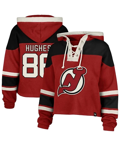 '47 Brand Women's Jack Hughes Red New Jersey Devils Superior Lacer Cropped Pullover Hoodie