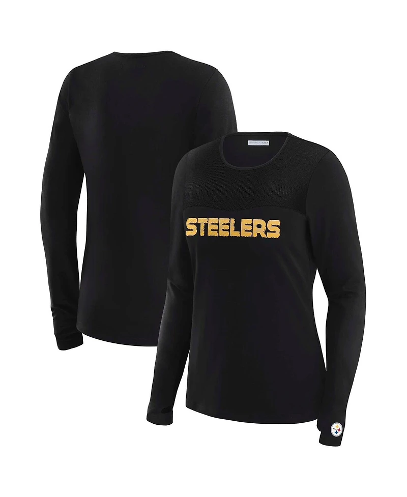 Wear by Erin Andrews x Gracie Hunt Women's Black Pittsburgh Steelers Mesh Panel Long Sleeve T-Shirt