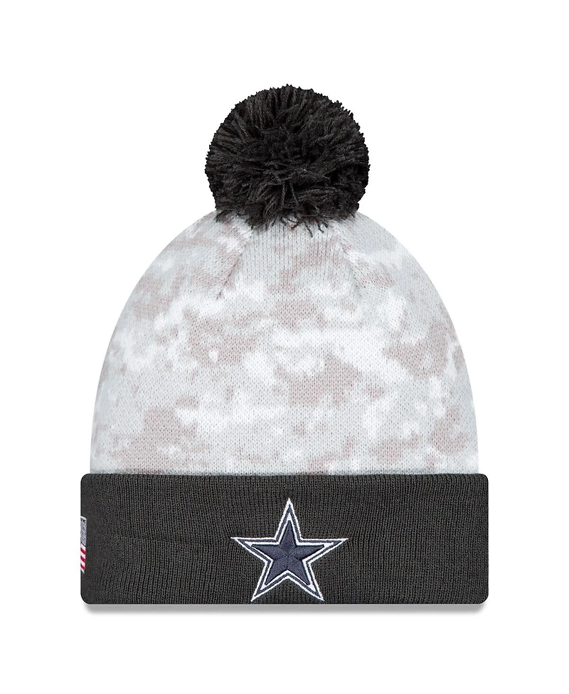 New Era Men's White/Graphite Dallas Cowboys 2024 Salute To Service Digital Camo Cuffed Knit Hat with Pom