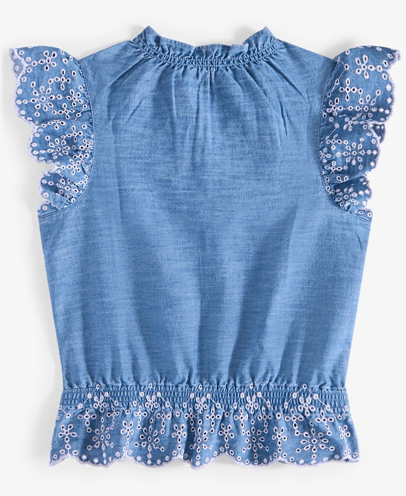 Big Girl Eyelet-Trim Chambray Top, Exclusively at Macy's