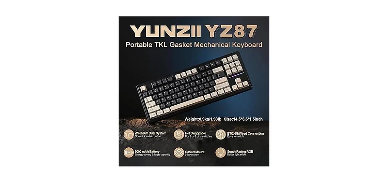 Yunzii YZ87 75% Gasket Mechanical Keyboard, Tkl Wireless Hot Swappable Bluetooth Gaming Keyboard with 4-Layer Padding, BT5.0/2.4Ghz/Type-c Nkro Rgb Ba