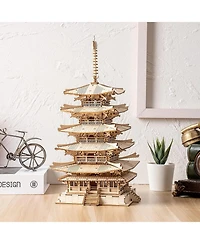 Robotime 3D Puzzles Wooden Model Diy Pagoda Mechancial Construction Creative Jigsaw Craft Kits Gift , Beige, 6.3"6.3"12.6"