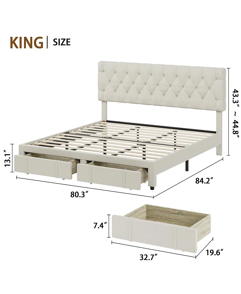 King Size Bed Frame with 1 Storage Drawers, Upholstered Platform Bed Frame