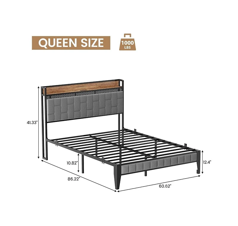 gaomon Queen Bed Frame with Charging Station, Led Bed Frame with Storage Headboard, Upholstered Platform Bed Frame Queen Size, No Box Spring Needed, E