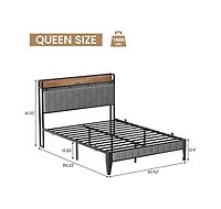 gaomon Queen Bed Frame with Charging Station, Led Bed Frame with Storage Headboard, Upholstered Platform Bed Frame Queen Size, No Box Spring Needed, E