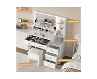 gaomon Vanity Desk, Makeup Vanity Table with Mirror & 9 Led Light Bulbs, 4 Large Drawers and 3 Tiers of Open Shelves for Bedroom