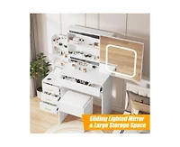 gaomon Vanity Desk with Sliding Mirror and Led Lights, Vanity Table with Power Outlet, Bedroom Makeup Table with 4 Drawers, 3 Color Lighting Modes