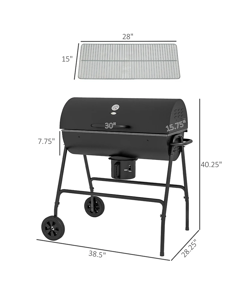 Outsunny Barrel Charcoal Bbq Grill, Wheeled Barbecue,