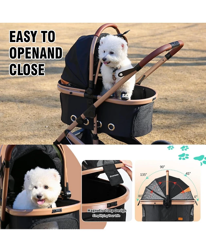 EchoSmile 4 in 1 Pet Stroller, Folding Lightweight Cat & Dog Stroller with Detachable Carrier, No-Zip 180° Reversible Canopy, All Terrain 4-Wheel
