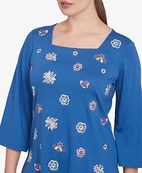 Ruby Rd. Petite Embroidered Scattered Floral Three Quarter Sleeve T-Shirt