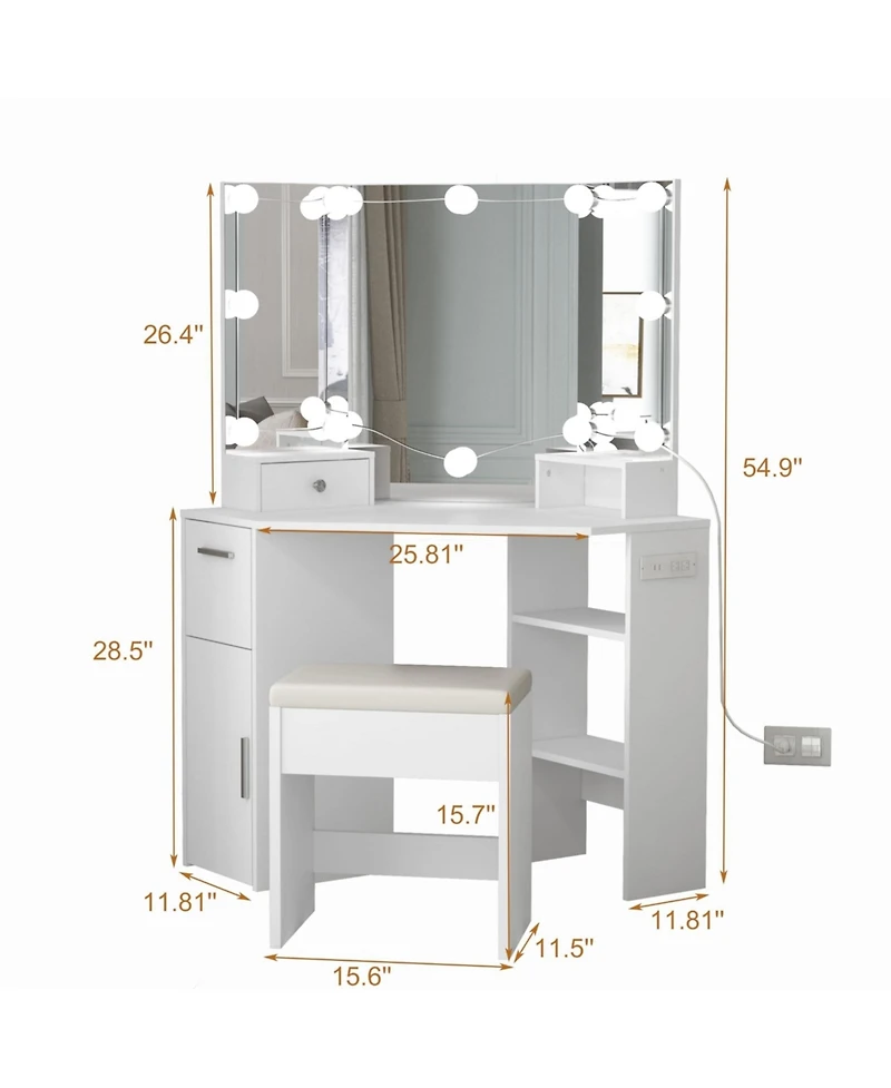 gaomon White Corner Vanity Set, Small Makeup Table with Upholstered Stool