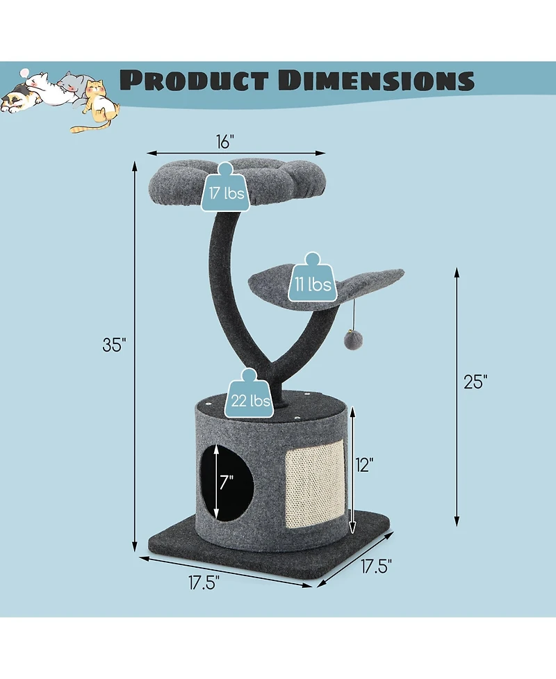 Gymax 35'' Cat Tree Tower 3-Layer Activity Center w/ Sisal Scratching Board & 2 Perches
