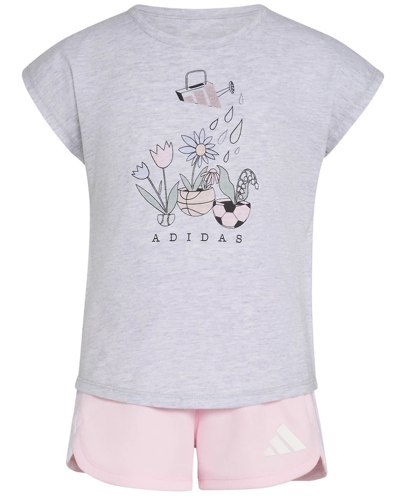 adidas Toddler & Little Girls Short-Sleeve Graphic Heather T-Shirt & Mesh Shorts, 2 Piece Set