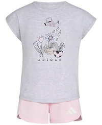adidas Toddler & Little Girls Short-Sleeve Graphic Heather T-Shirt & Mesh Shorts, 2 Piece Set
