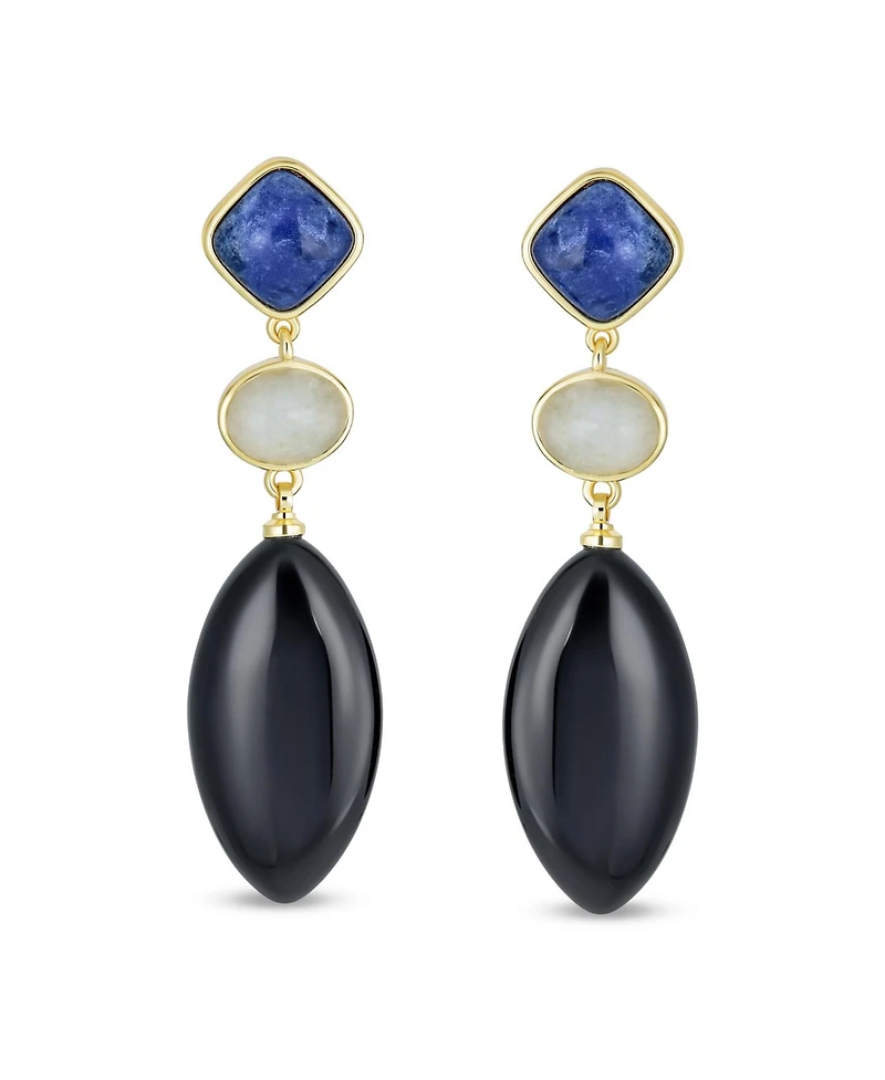 Bling Jewelry Unique Linear Long Natural Blue Lapis Black Onyx Rhombus Shape Square 3 Multi Tier Party Dangling Earrings Gold Plated