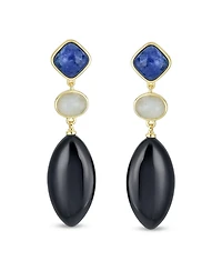 Bling Jewelry Unique Linear Long Natural Blue Lapis Black Onyx Rhombus Shape Square 3 Multi Tier Party Dangling Earrings Gold Plated
