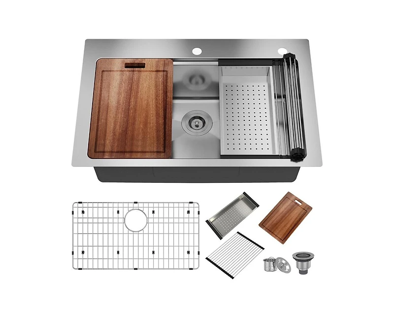 Casainc 33inch L x 22inch W Drop-in Kitchen Sink with Accessories