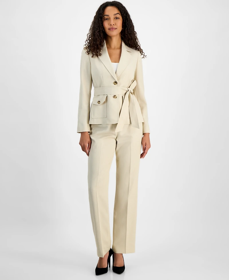 Le Suit Women's Two-Button Belted Safari Jacket & Mid-Rise Straight-Leg Pants, Regular Petite