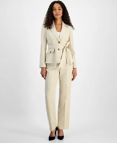 Le Suit Women's Two-Button Belted Safari Jacket & Mid-Rise Straight-Leg Pants, Regular Petite