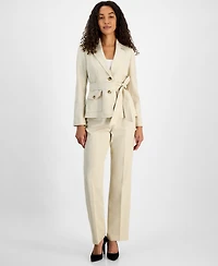 Le Suit Women's Two-Button Belted Safari Jacket & Mid-Rise Straight-Leg Pants, Regular Petite