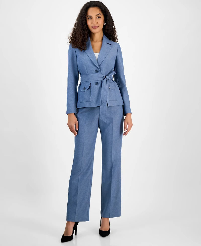 Le Suit Women's Two-Button Belted Safari Jacket & Mid-Rise Straight-Leg Pants Set