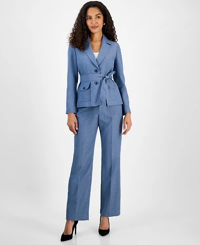 Le Suit Women's Two-Button Belted Safari Jacket & Mid-Rise Straight-Leg Pants Set