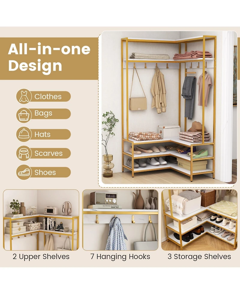 Gouun Corner Garment Rack with Open Shelves and 7 Hooks Shoe Bench