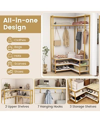 Gouun Corner Garment Rack with Open Shelves and 7 Hooks Shoe Bench