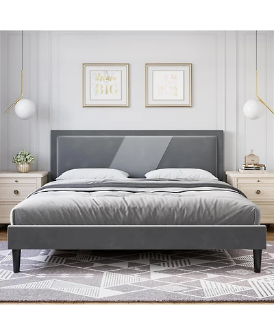 gaomon Wood Slat Support Bed Frame with Adjustable Height Headboard Velvet Upholstered Bed Frame