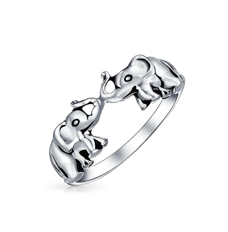 Bling Jewelry Good Luck Trunk Up Zoo Animal Two Elephants Ring Oxidized .925 Sterling Silver
