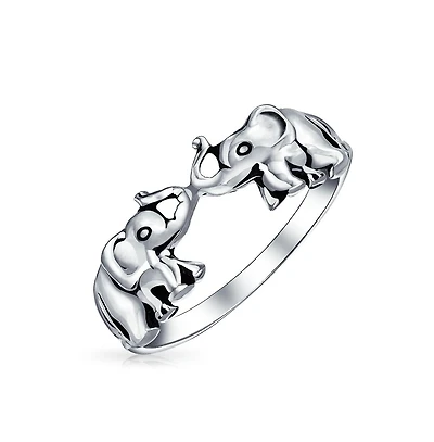 Bling Jewelry Good Luck Trunk Up Zoo Animal Two Elephants Ring Oxidized .925 Sterling Silver
