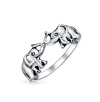 Bling Jewelry Good Luck Trunk Up Zoo Animal Two Elephants Ring Oxidized .925 Sterling Silver