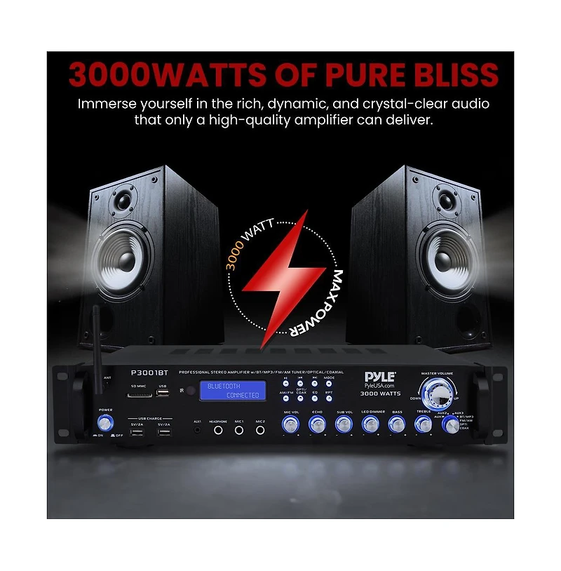 Pyle Bluetooth Hybrid Amplifier Receiver - Home Theater Pre-Amplifier with Wireless Streaming Ability, MP3/Usb/Sd/Aux/Fm Radio (3000W Max)