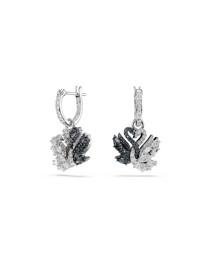 Swarovski Swan Black, Rhodium Plated Drop Earrings