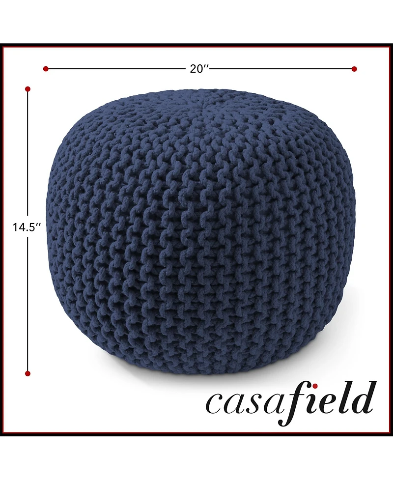 Casafield Round Pouf Ottoman, Navy Blue - 20" Dia x 14.5" High Cotton Knit Foot Stool Boho Floor Pouffe for Living Room