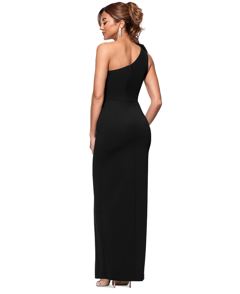 Xscape Women's One-Shoulder Flower Side-Slit Dress