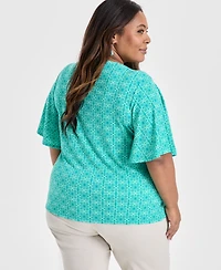 Jm Collection Plus Size Printed Square-Neck Short-Sleeve Top, Exclusively at Macy's