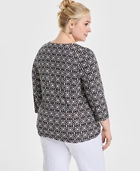 Jm Collection Plus Jacquard Printed 3/4-Sleeve Top, Exclusively at Macy's