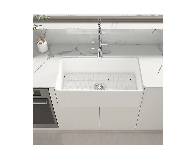 Casainc 33inch L x 18inch W Single Bowl Fireclay Farmhouse Kitchen Sink with Sink Grid