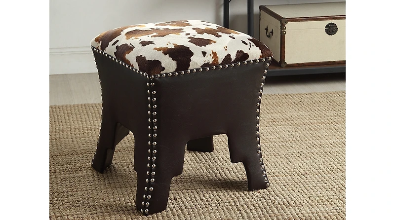 Baxton Studio Sally Modern and Contemporary Cow-print Patterned Fabric Brown Faux Leather Upholstered Accent Stool with Nail heads