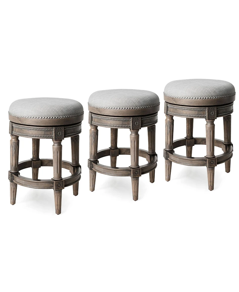 Maven Lane Pullman Backless Counter Stool in Reclaimed Oak Finish with Ash Grey Fabric Upholstery, Set of 3